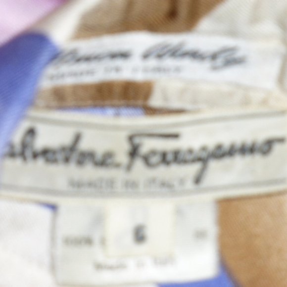 SALVATORE FERRAGAMO silk print shirt + scarf tie 6 vintage oversized white pink - Picture 6 of 7